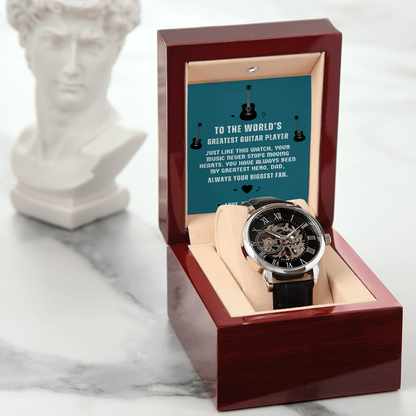 To The World's Greatest Guitar Player — Men's Openwork Skeleton Watch | Gift for Guitar Player Dad from Son