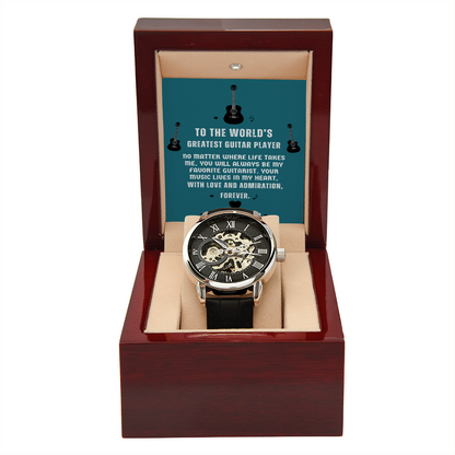 To The World's Greatest Guitar Player — Men's Openwork Skeleton Watch | Gift for Guitar Player Dad from Daughter