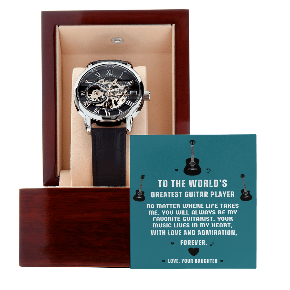 To The World's Greatest Guitar Player — Men's Openwork Skeleton Watch | Gift for Guitar Player Dad from Daughter