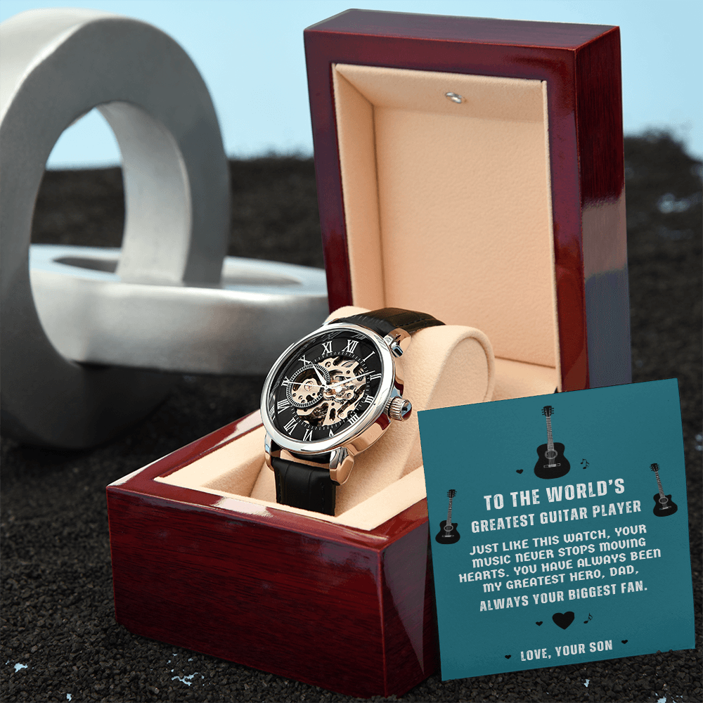 To The World's Greatest Guitar Player — Men's Openwork Skeleton Watch | Gift for Guitar Player Dad from Son
