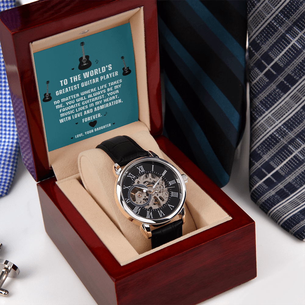 To The World's Greatest Guitar Player — Men's Openwork Skeleton Watch | Gift for Guitar Player Dad from Daughter