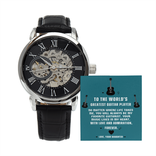 To The World's Greatest Guitar Player — Men's Openwork Skeleton Watch | Gift for Guitar Player Dad from Daughter