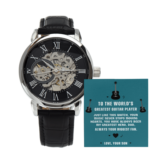 To The World's Greatest Guitar Player — Men's Openwork Skeleton Watch | Gift for Guitar Player Dad from Son