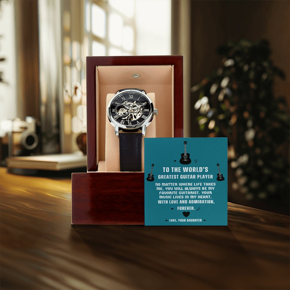 To The World's Greatest Guitar Player — Men's Openwork Skeleton Watch | Gift for Guitar Player Dad from Daughter