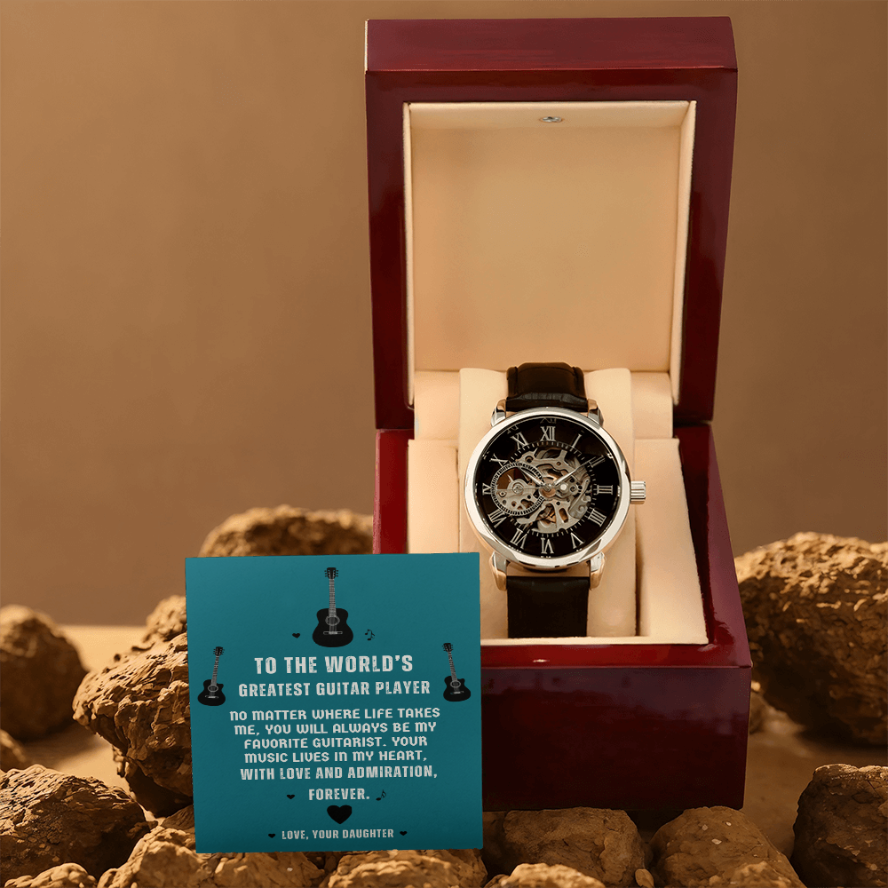 To The World's Greatest Guitar Player — Men's Openwork Skeleton Watch | Gift for Guitar Player Dad from Daughter