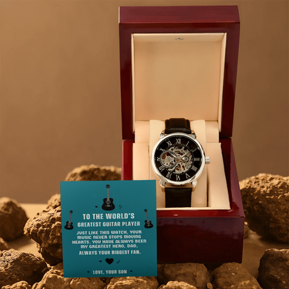 To The World's Greatest Guitar Player — Men's Openwork Skeleton Watch | Gift for Guitar Player Dad from Son